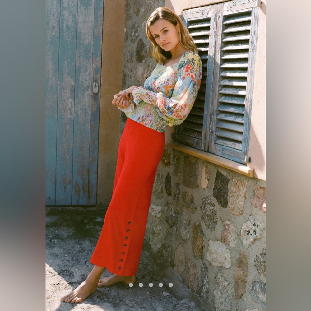 Anthropologie Red Wide-Leg Button Hem Pants